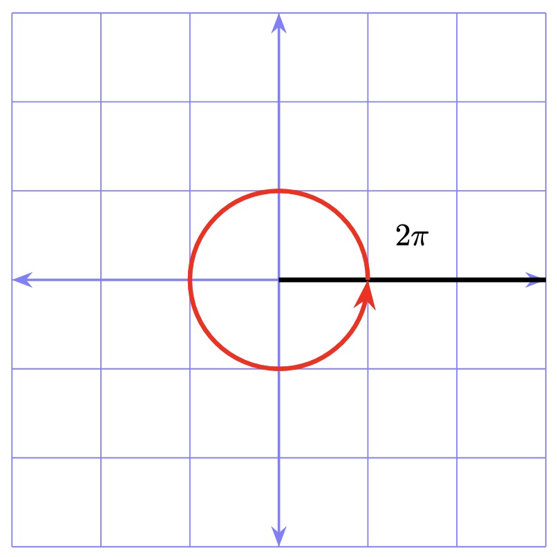 An angle of 2 pi radians shown on a grid.