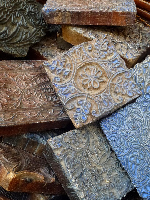 A selection of blocks used for printing repeating patterns on fabric