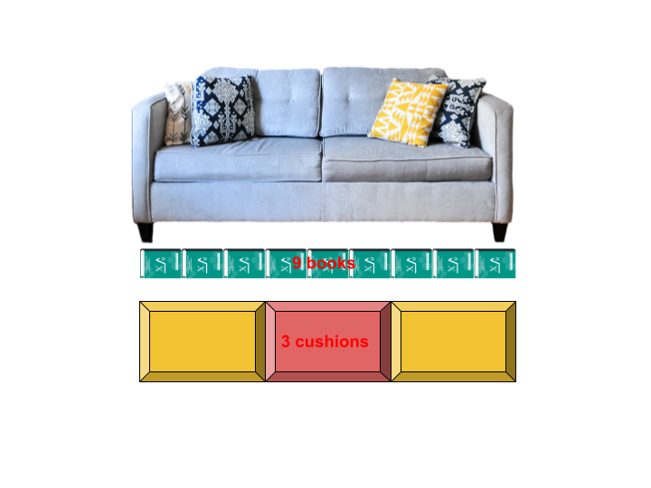 A sofa, measured in units of cushions and books