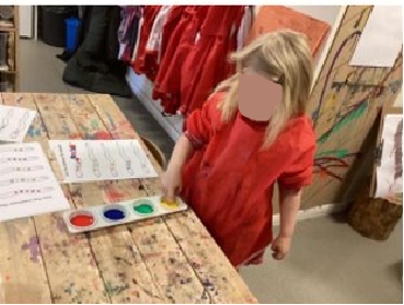 A child continuing a repeating pattern using fingerprint paint