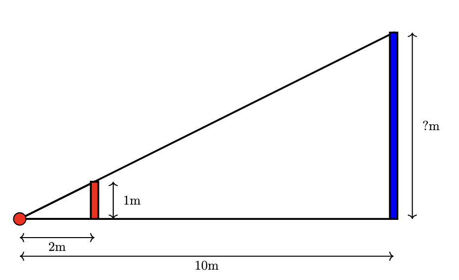 A large triangle with two slim rectangles inside such that they extend up from the base of the triangle until they reach the top edge of the triangle. The oblongs are placed so that one (red) is 2 meters away from the corner of the triangle and one (blue) is 10 meters away. The height of the shorter red oblong (which is closer to the corner) is 1 meter. There is a red circle placed at the corner of the triangle.
