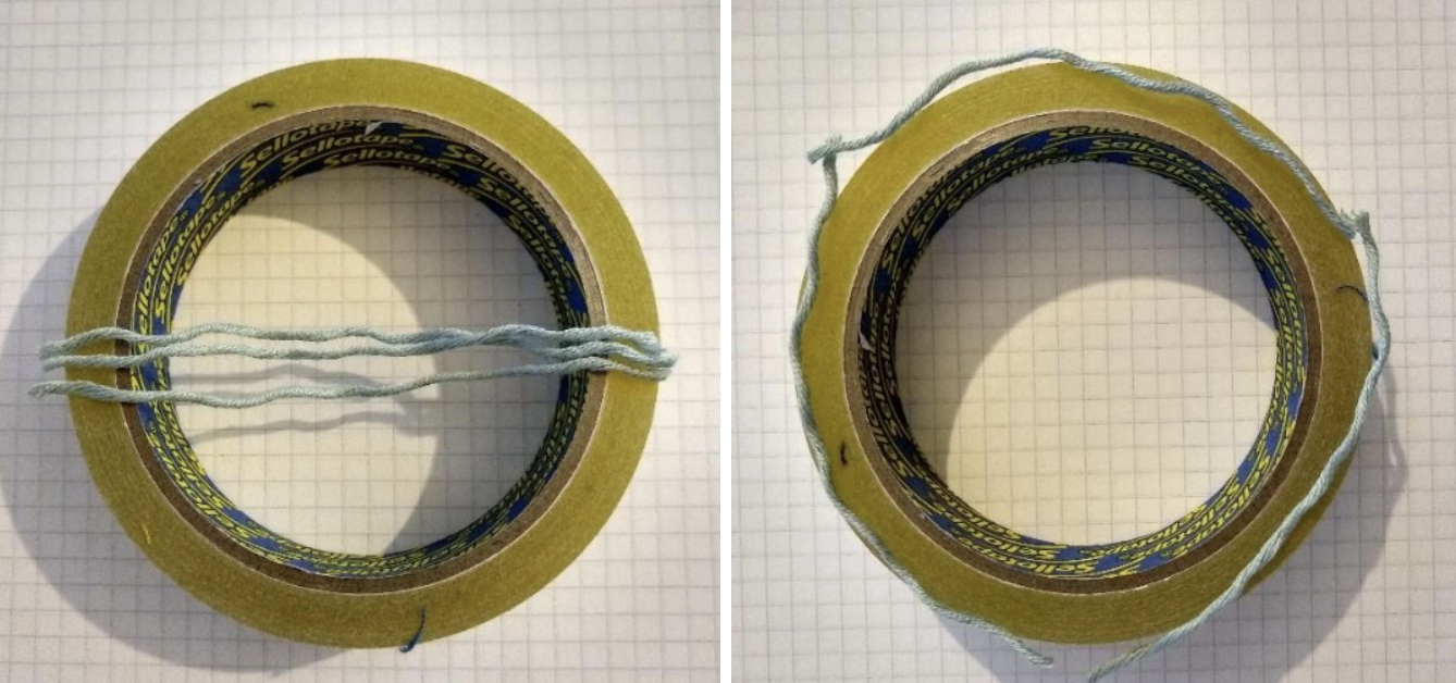 Two images showing a roll of sellotape. In the first image, three pieces of string lie on top of the roll, showing that they are the same length as the diameter. In the second image, the pieces of string are placed around the roll, showing that they nearly equal the length of the circumference.