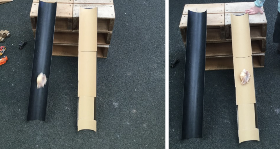Two images of two ramps made from drainpipe. One is lined with sandpaper. In the first image, a shell is travelling down the smooth drainpipe. In the other, the same shell is travelling down the pipe lined with sandpaper.