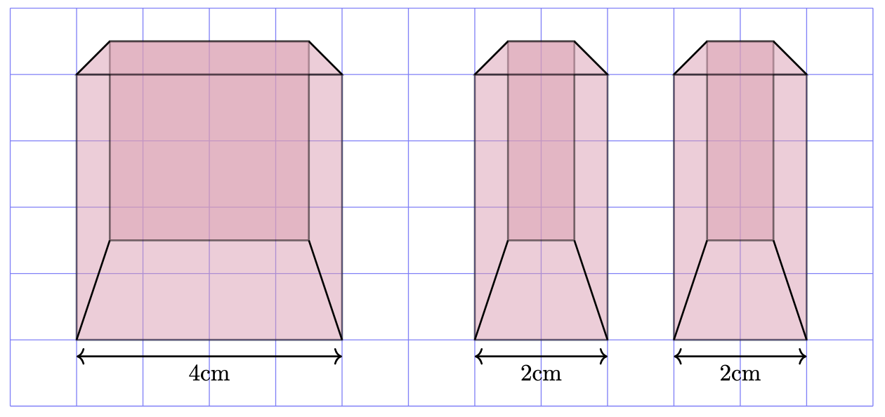 A cube with a side length of 4 and two rectangular prisms with side lengths of 4,4,2 on a grid.