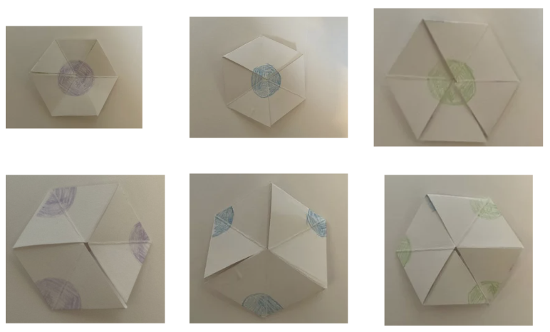 Six images of a hexagon like shape, there are two images where the patten on the surface is green and also two where it is purple and two where it is blue. For each colour there is one image of the pattern being a circle and one image of the pattern being a split circle.
